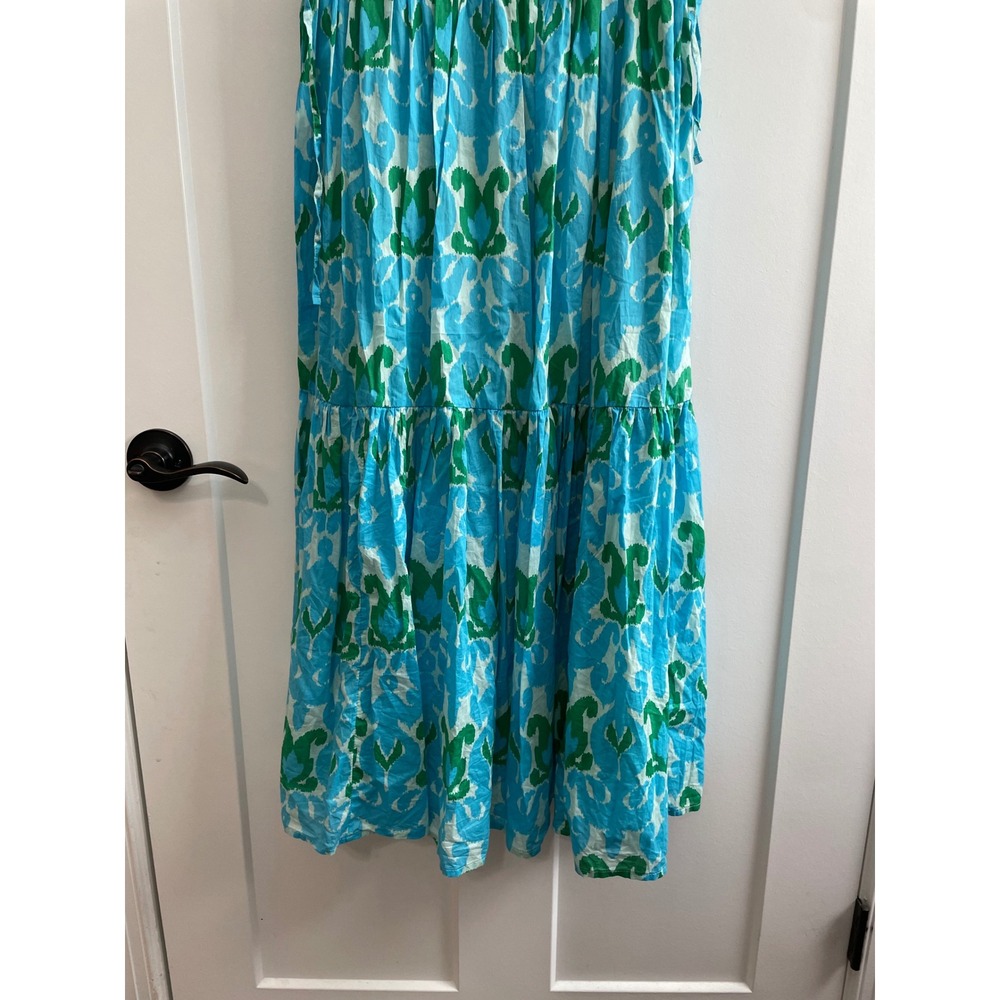 Talbots Petite Blue Green Ikat Cotton Tiered Midi Dress 12P Sleeveless V-Neck - Picture 4 of 10